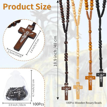 100 Set Wooden Rosaries Bulk Wood Catholic Rosary Beads for Men Women with Jesus Holy Cross First Communion Rosary with Organza Bags Religious Baptism Funeral Favors Confirmation Present