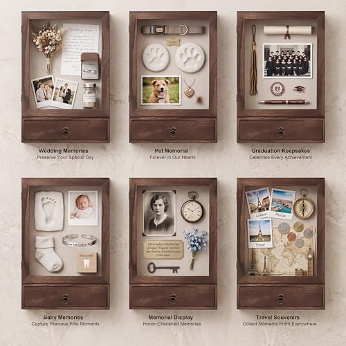 Deep Shadow Box Frame 11x16, 4" Depth Display Case with Drawer, Rustic Solid Wood Memory Box with Acrylic Door for Wedding Bouquet, Medals, Memorial Photos, Keepsakes, Wall or Tabletop