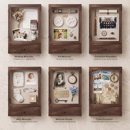 Deep Shadow Box Frame 11x16, 4" Depth Display Case with Drawer, Rustic Solid Wood Memory Box with Acrylic Door for Wedding Bouquet, Medals, Memorial Photos, Keepsakes, Wall or Tabletop