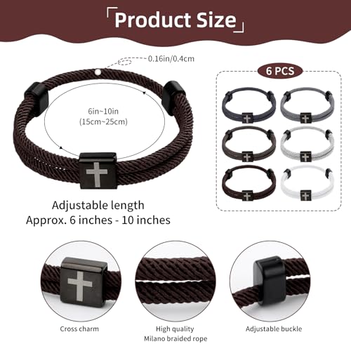 PineHaven 6 Pcs Braided Cross Bracelet for Men Women, Adjustable Christian Rope Cross Bracelet with Metal Knot Religious Gifts - color: Black,White,Grey