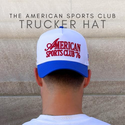 CITRUSY Athletic Trucker Golf Hat | Performance Mens 5 Panel Cap | Cool Breathable Waterproof Workout Running Snapback - color: American Sports Club | Blue