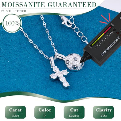 Moissanite Double Cross Necklace, Women Moissanite Diamond Cross Pendant - color: S925 Sliver Cross+Football