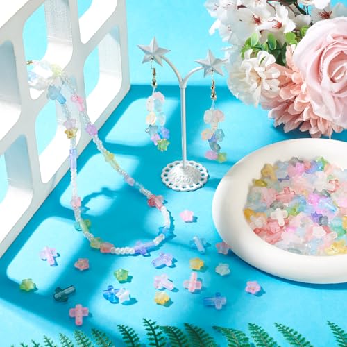 200Pcs Cross Star Acrylic Beads with Gold Foil Pastel Kandi Bead Crucifix Bracelet Halloween Beads for Keychain Crafts DIY Easter Jesus Bracelet Rosary Jewelry Making Supplies - color: Random Gradient