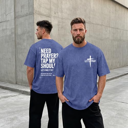 BINTEHGS Mens Christian T Shirts Need Prayer Tap My Shoulder Shirt Jesus Faith Oversized Graphic Tees God Acid Wash Tshirt - color: Blue, size: XX-Large