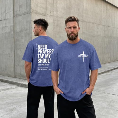 BINTEHGS Mens Christian T Shirts Need Prayer Tap My Shoulder Shirt Jesus Faith Oversized Graphic Tees God Acid Wash Tshirt - color: Blue, size: X-Large
