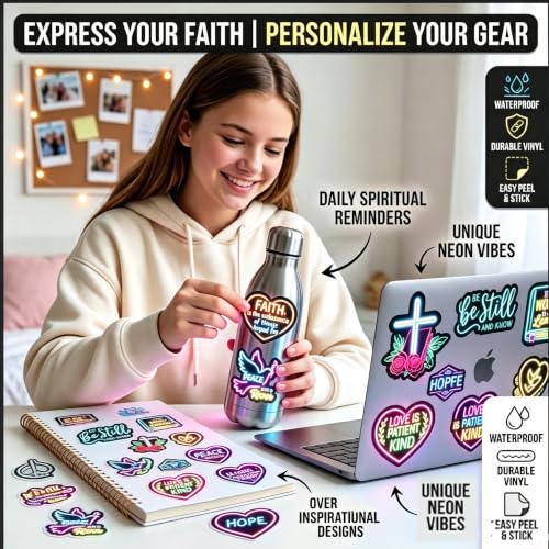 230PCS Neon Christian Bible Stickers, Inspirational Religious Jesus Faith Vinyl Bible Stickers, Waterproof Scripture Decals for Laptop Water Bottle Journal Scrapbook, Christian Gifts for Teens