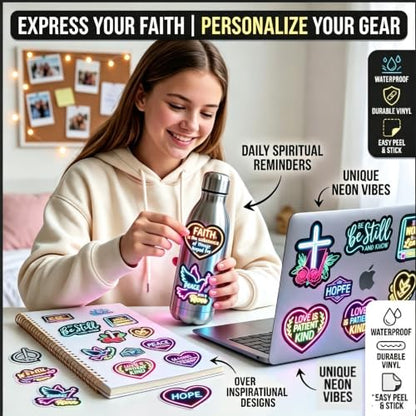 230PCS Neon Christian Bible Stickers, Inspirational Religious Jesus Faith Vinyl Bible Stickers, Waterproof Scripture Decals for Laptop Water Bottle Journal Scrapbook, Christian Gifts for Teens