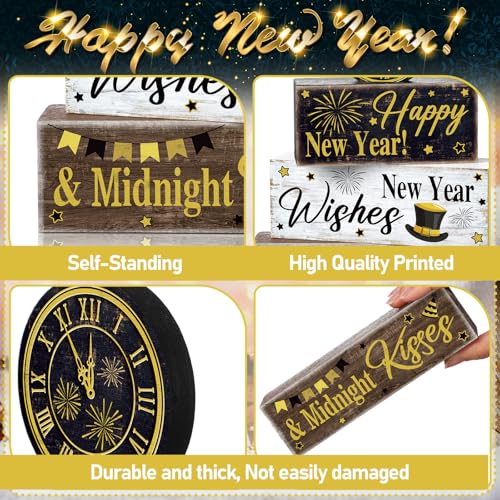Moucuny 4 Pcs New Year Table Decorations, Happy New Year Wood Block Sign - style: Clock