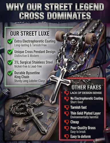sailimue Stainless Steel Byzantine Cross Necklace for Men 22-30 inch - color: Black, size: 24 in=61 cm