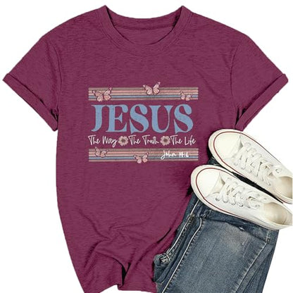 Womens Jesus Graphic Tee Bible Verse Shirts Christian Religious T Shirt Top - color: Purple-butterfly, size: X-Large