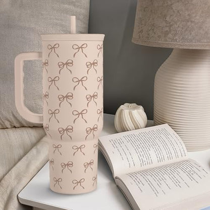 SANDJEST Bow Tumbler with Handle and Straw 40oz – Stainless Sleel Slider Tumbler Travel Coffee Mug for Women - Gift Idea for Birthday Christmas - color: Bow 1