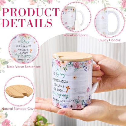 Remerry 6 Pcs Christian Women Bulk Gifts 12 oz Religious Coffee Mugs Cups Vintage Floral Ceramic Bible Verse Mugs with Lid Spoon for Sunday School Teachers Nurses Church Women Group Gifts(Spanish) - style: Spanish