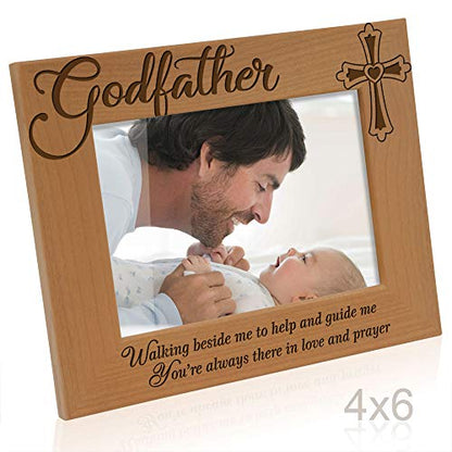 KATE POSH - Godfather Engraved Natural Wood Picture Frame, Cross Decor, Baptism & Thank You Gift (4" x 6" Horizontal) - size: 4x6 Horizontal (Godfather)