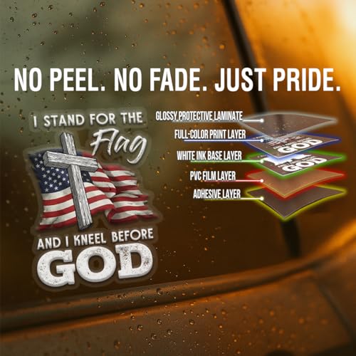 Christian Cross US Flag Car Decal – I Stand for the Flag and Kneel Before God Sticker, Patriotic Religious Vinyl Window Decal for Car Truck SUV Bumper Laptop Mirror, Waterproof – 6.2 x 4.7 Inch
