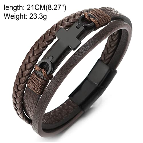 COOLSTEELANDBEYOND Mens Women Steel Horizontal Sideway Lateral Flat Cross Multi-Strand Leather Bangle Bracelet - color: A-Metal Color: Black; Leather Color: Brown