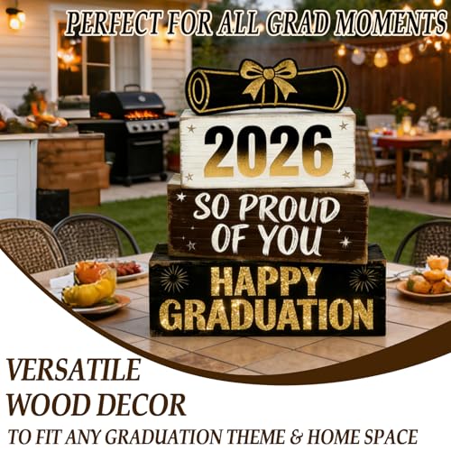 2026 Graduation Table Decorations Class of 2026 Senior Tiered Tray Decor Wooden Happy Graduation Signs Farmhouse Congrats Grad Tabletop Party Centerpiece for Tables Wooden Sign for Home Decor - style: Grad Cap