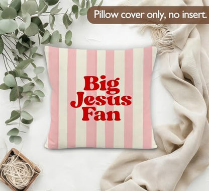 Pink Preppy Striped Jesus Christian Pillow Cover 18x18 Decor - color: Jesus