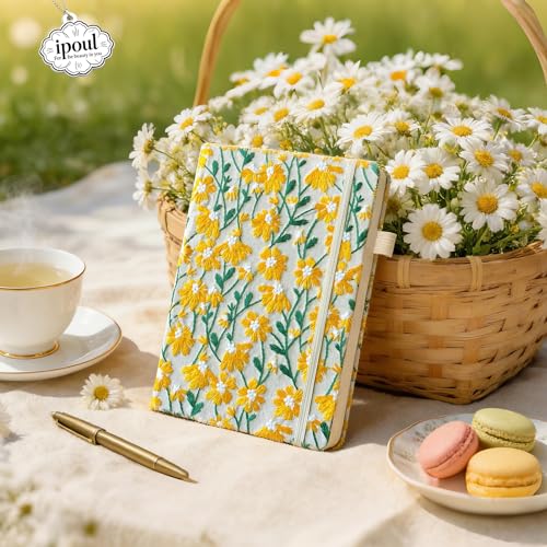Daisy Gift, Flower Journal, Embroidered Notebook, Beautiful Journals for Women, 8"x6", Hardcover, Lay Flat, A5, Lined Paper, Wide Ruled Page, Writing Journal, Yellow Daisy, with Elastic Band - color: A5-Ruled-Yellow Daisy