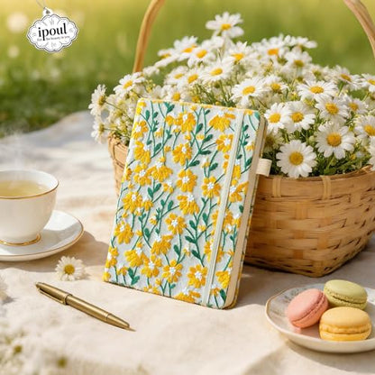 Daisy Gift, Flower Journal, Embroidered Notebook, Beautiful Journals for Women, 8"x6", Hardcover, Lay Flat, A5, Lined Paper, Wide Ruled Page, Writing Journal, Yellow Daisy, with Elastic Band - color: A5-Ruled-Yellow Daisy
