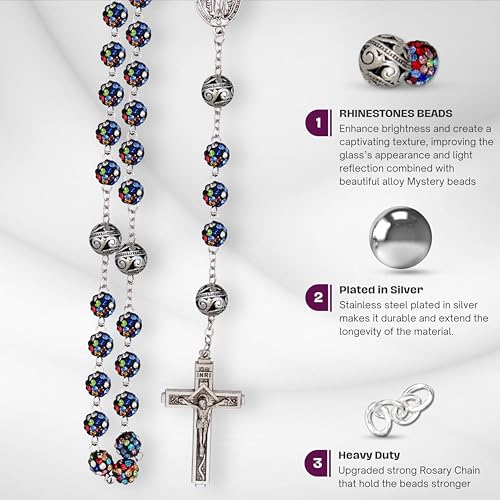 Nazareth Store Rhinestones Crystal Beads Rosary, Catholic Rosary Necklace with Silver Miraculous Medal INRI Crucifix, Multicolor Rosaries in a Gift Case - color: Colorful with Metal Beads