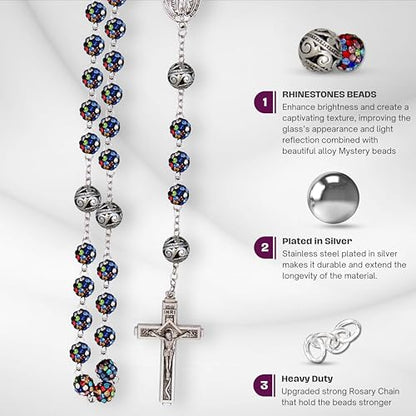Nazareth Store Rhinestones Crystal Beads Rosary, Catholic Rosary Necklace with Silver Miraculous Medal INRI Crucifix, Multicolor Rosaries in a Gift Case - color: Colorful with Metal Beads