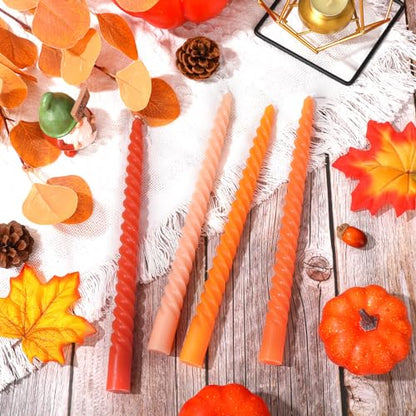 Whaline 8Pcs 10 Inch Fall Orange Spiral Taper Candles Gradient Color Dripless Twisted Wax Candles Long Unscented Candle Sticks for Autumn Thanksgiving Halloween Home Party Supplies - color: Fall