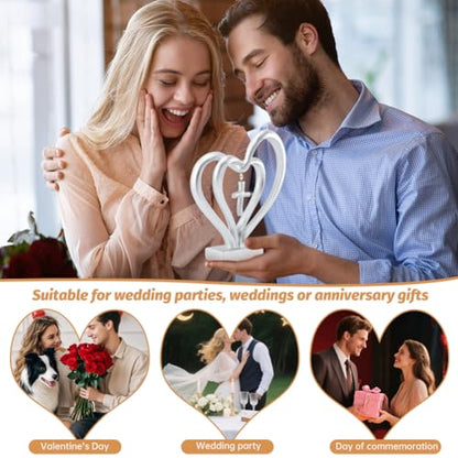 Double Heart Sculpture, Romantic Resin Sculpture of Two Hearts and Cross for Table Shelf Ornaments, Double Heart Figurines for Valentines Anniversary Wedding Couple Gift(COLOR:silver)