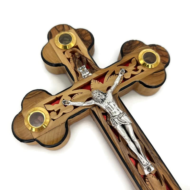 Catholic Crucifix for Wall With Mother of Pearl, Olive Wood Cross Wall Decor, 9 Inch Wooden Crucifix with Relics from the Holy Land, Wedding Crucifix, Decorative Wooden Crosses, christian cross gift