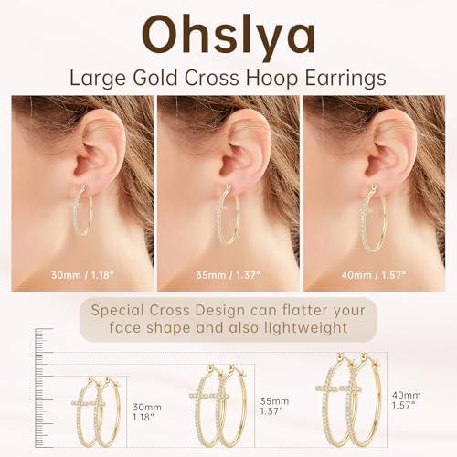 Gold Cross Earrings for Women 14K Gold Hoop Earrings Shining Trendy with Cubic Zirconia Mix of Style and Personality Large CZ Hoops Earring 30/35/40mm - size: 35mm