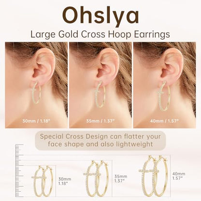 Gold Cross Earrings for Women 14K Gold Hoop Earrings Shining Trendy with Cubic Zirconia Mix of Style and Personality Large CZ Hoops Earring 30/35/40mm - size: 35mm