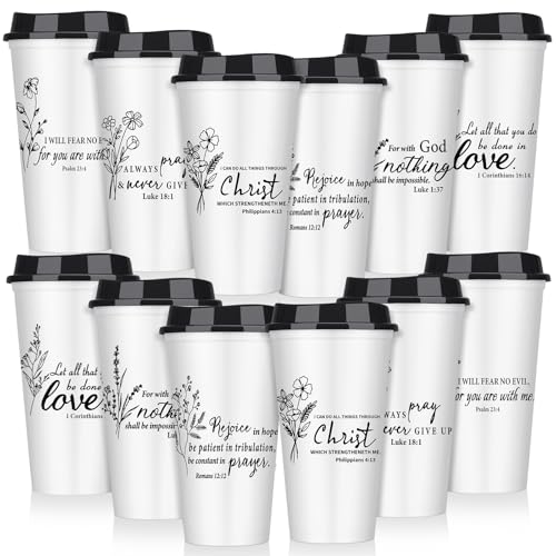 12 Pcs Fathers Day Cups Bulk Christian Gifts Plastic Reusable Coffee Cups with Lid 16 oz Inspirational Bible Verse Tumbler Religious Gift for Men Dad Church Sunday School(Black and White) - color: Black/White