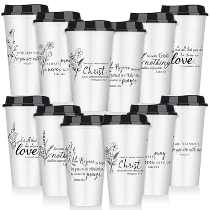 12 Pcs Fathers Day Cups Bulk Christian Gifts Plastic Reusable Coffee Cups with Lid 16 oz Inspirational Bible Verse Tumbler Religious Gift for Men Dad Church Sunday School(Black and White) - color: Black/White