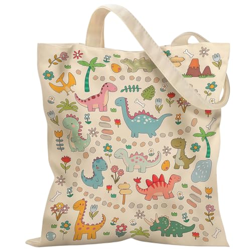 Canvas Tote Bags Reusable Shopping Bag for Women with Zippered Inner Pocket Magnetic Snap Closure - color: Dinosaur