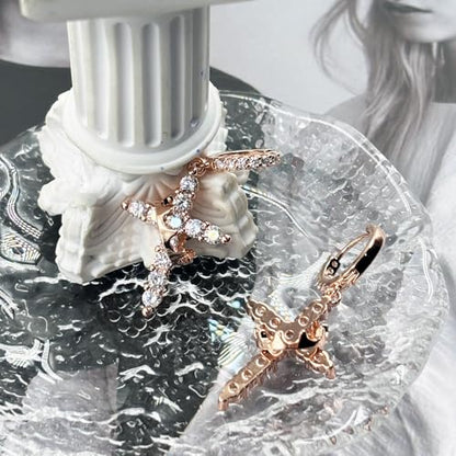 Crown Cross Earrings for Women Gold Cross Hoop Earrings Silver Crystal Crown Huggie Earring Dainty Cute Religious Dangle Earring Trendy Jewelry Accessories - color: rose gold