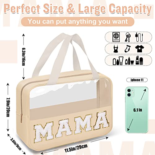 Preppy Clear Mama Makeup Bags with Chenille Letter Patches, Travel Essentials Large Clear Make up Bag Zipper Pouch with Handle, Waterproof Nylon Cosmetic Toiletry Storage Tote for Women (MAMA-Beige) - color: MAMA-Beige