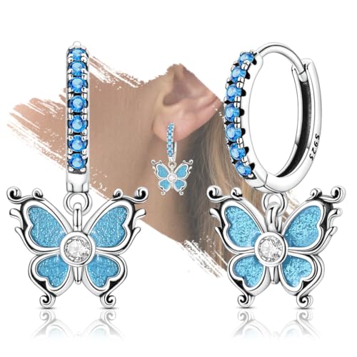 925 Sterling Silver Cute Animal Unique Huggie Hoop Earrings for Women - color: Blue Glitter Butterfly