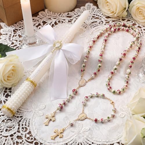 WILLBOND 3 Pcs First Communion Rosary and Candle Present Set, Rose Rosary