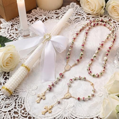 WILLBOND 3 Pcs First Communion Rosary and Candle Present Set, Rose Rosary