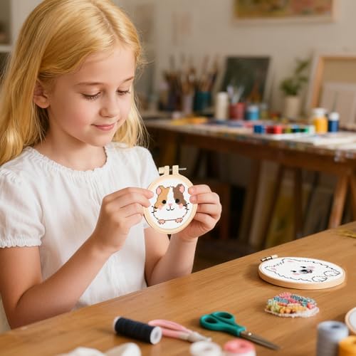 57lilina Easy Embroidery Kit for Kids Beginners, 6 Set Cute Stamped Pattern - color: Duck+Raccoon+Ostrich+Guinea Pig+Sloth+Samoyed