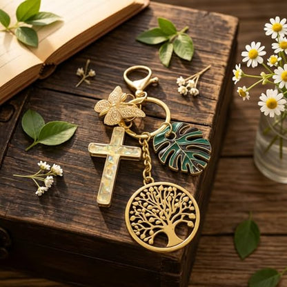 Cross Keychain for Women Jesus Christian Purse Bag Charms Key Charm Gifts for Women Purse Charms for Handbags - color: Glod Tone With Butterfly
