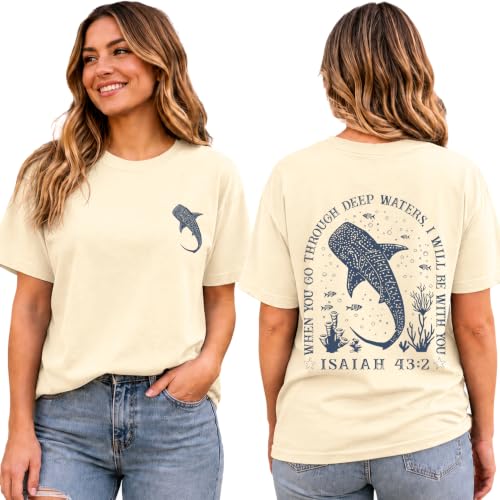 Whale Shark Shirt Christian Shirts for Women Faith Bible Verse Tee Top - color: Creamy Yellow-1, size: XX-Large