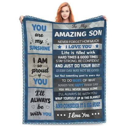 Christian Blanket for Son, Religious Inspirational Gift for Son Teen Boys, Catholic Spiritual Baptism Blanket, Soft Cozy Fleece Blanket for Christmas Birthday Graduation - color: To My Son (Blue)