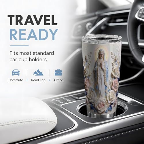 Virgin Mary Blue Rose Statue Art 20oz Tumbler, Virgin Mary Tumbler for Daily Drinkware, Halo Floral Frame Illustration, Catholic Devotional Cup, Religious Design for Women Men Use - color: Virgin Mary 1