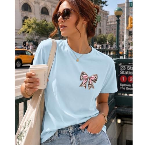Leopard Bow Shirt Cheetah Bow Shirt Christian Shirts for Women Faith Bible Verse Shirts God Coquette Graphic Tees - color: Light Blue, size: XX-Large