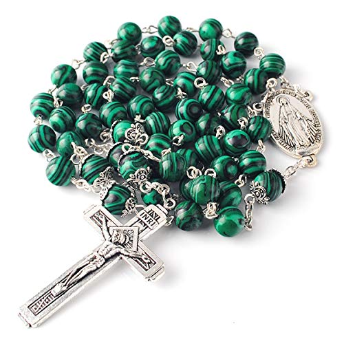 Catholic Town Rosary Necklace 8mm Malachite Beads with Miraculous Medal center piece and metal Crucifix cross (ROSJST-MAL)