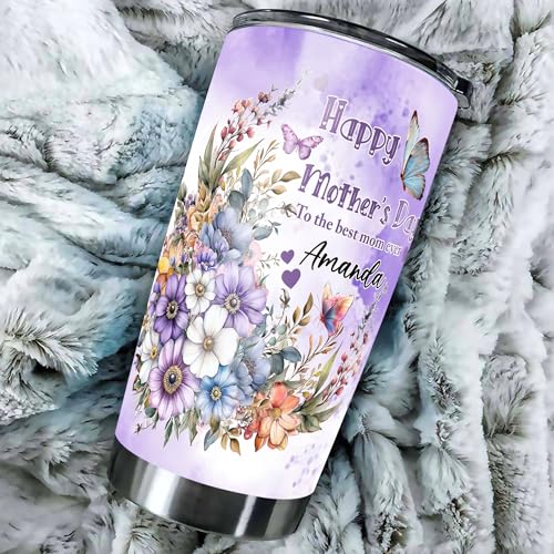 Personalized Mom Tumbler Custom Name Insulated cups Travel Coffee Mug with Lids Stainless Steel 20 30 Oz Gifts for Mom Women Grandma Mother's Day - color: Happy 631