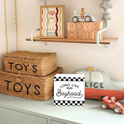 Lacama Long Live Boyhood Wooden Sign Black and White Checkered Boys Room Decor,Race Car Playroom Wall Decor for Kids Nursery Bedroom 5x5 Inches - color: Race Car-Long Live Boyhood (5x5)