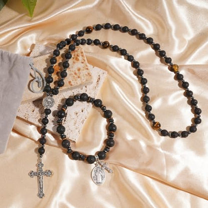 Rosary for Men Women, Natural Stone Beads with St. Benedict Bracelet - color: Lava Rocks