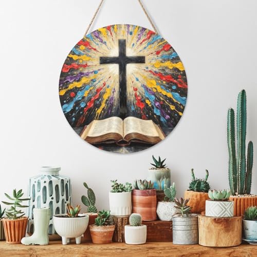 Door Sign Round Wooden Hanging Plaque With Rope Cross And Open Bible With Light Burst 12 X 12 Inch Rustic Welcome Wall Decor For Porch Entryway Farmhouse Home