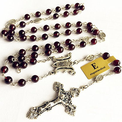 elegantmedical HANDMADE GARNET GEMSTONE BEADS Our Lady Of Virgin Mary Catholic Rosary Necklace Cross Box